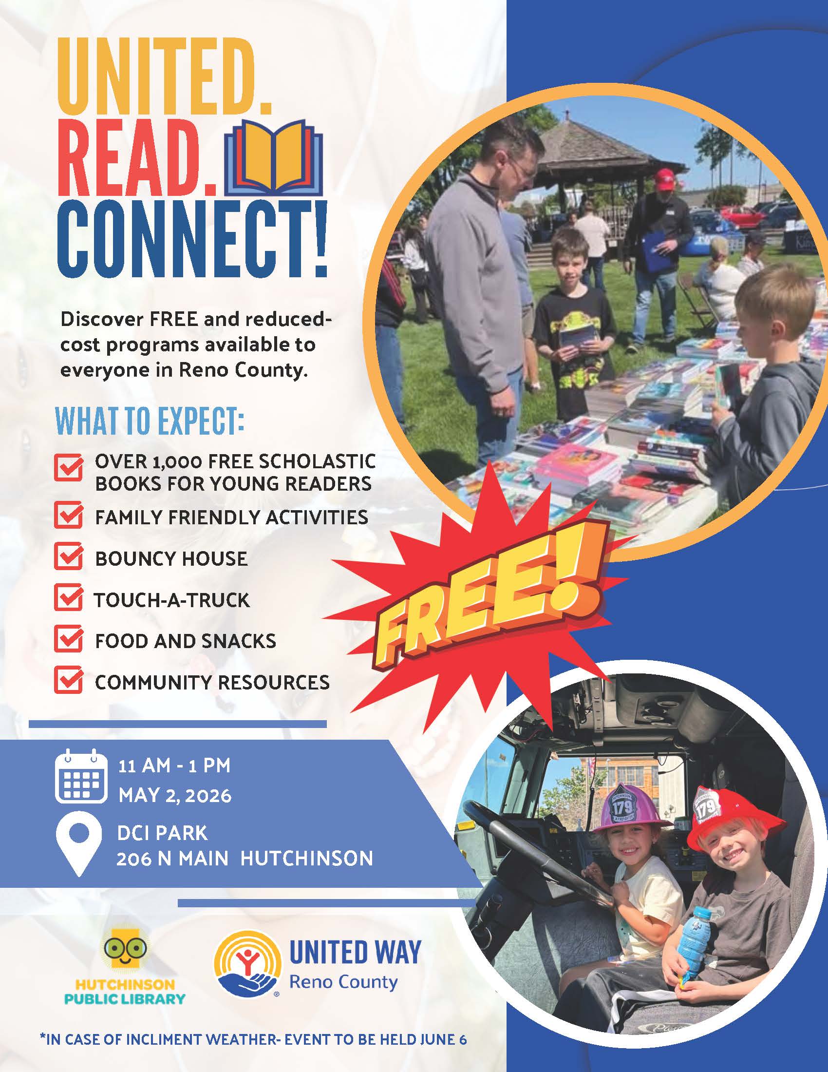 United Read Connect event flyer with free books, Touch-a-Truck, and family activities